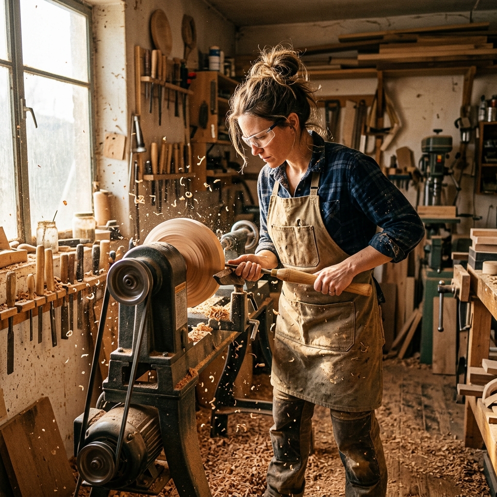 Leah in her woodshop